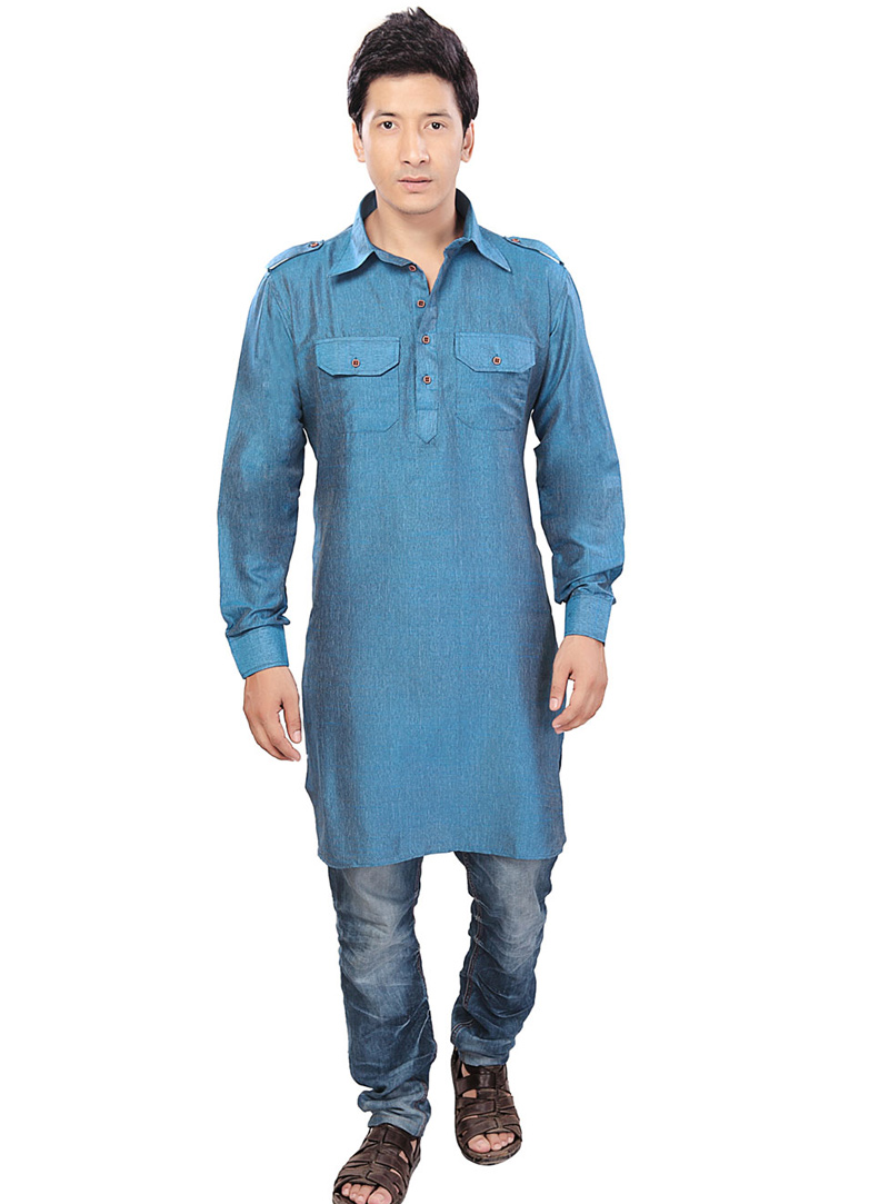 Blue Cotton Readymade Pathani Suit 71777