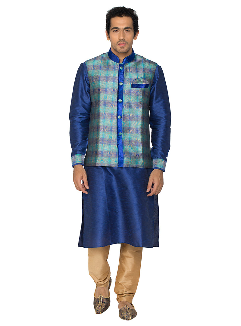 Blue Poly Silk Readymade Kurta Pajama With Jacket 78943