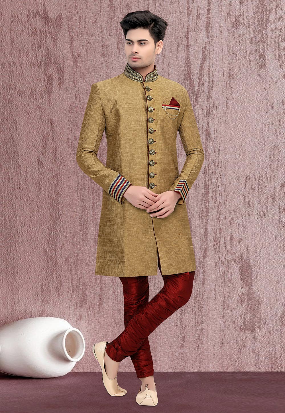 Beige Jacquard Indo Western Suit 260878