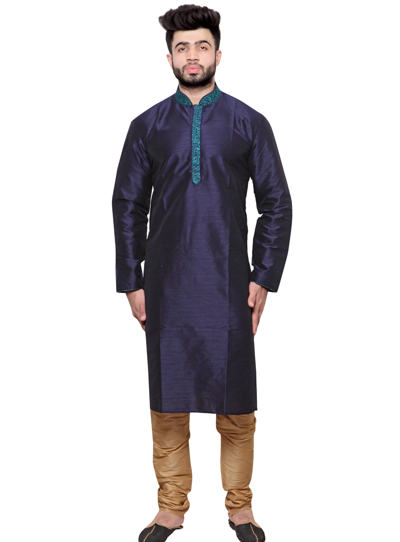 Navy Blue Poly Silk Readymade Kurta Pajama 91158
