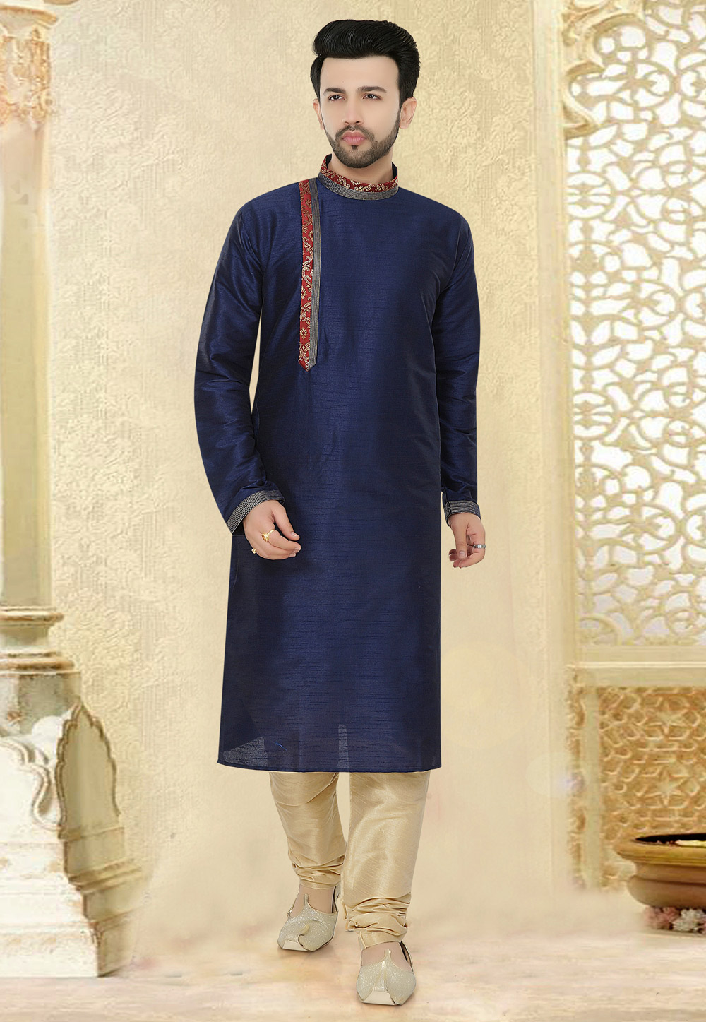 Navy Blue Silk Readymade Kurta Pajama 160607