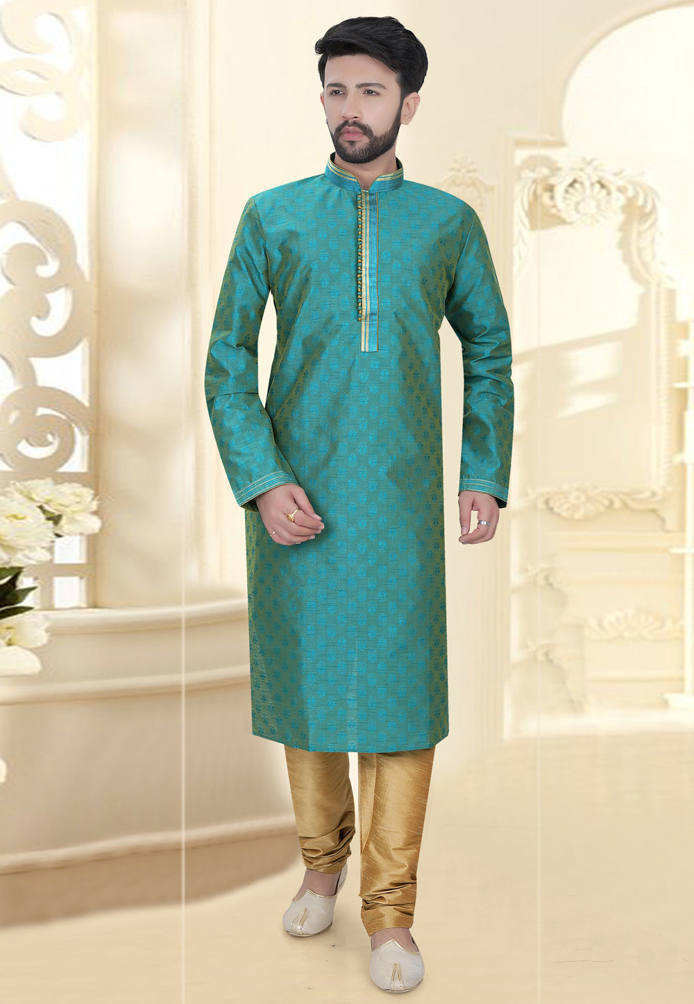 Teal Jacquard Readymade Kurta Pajama 185182