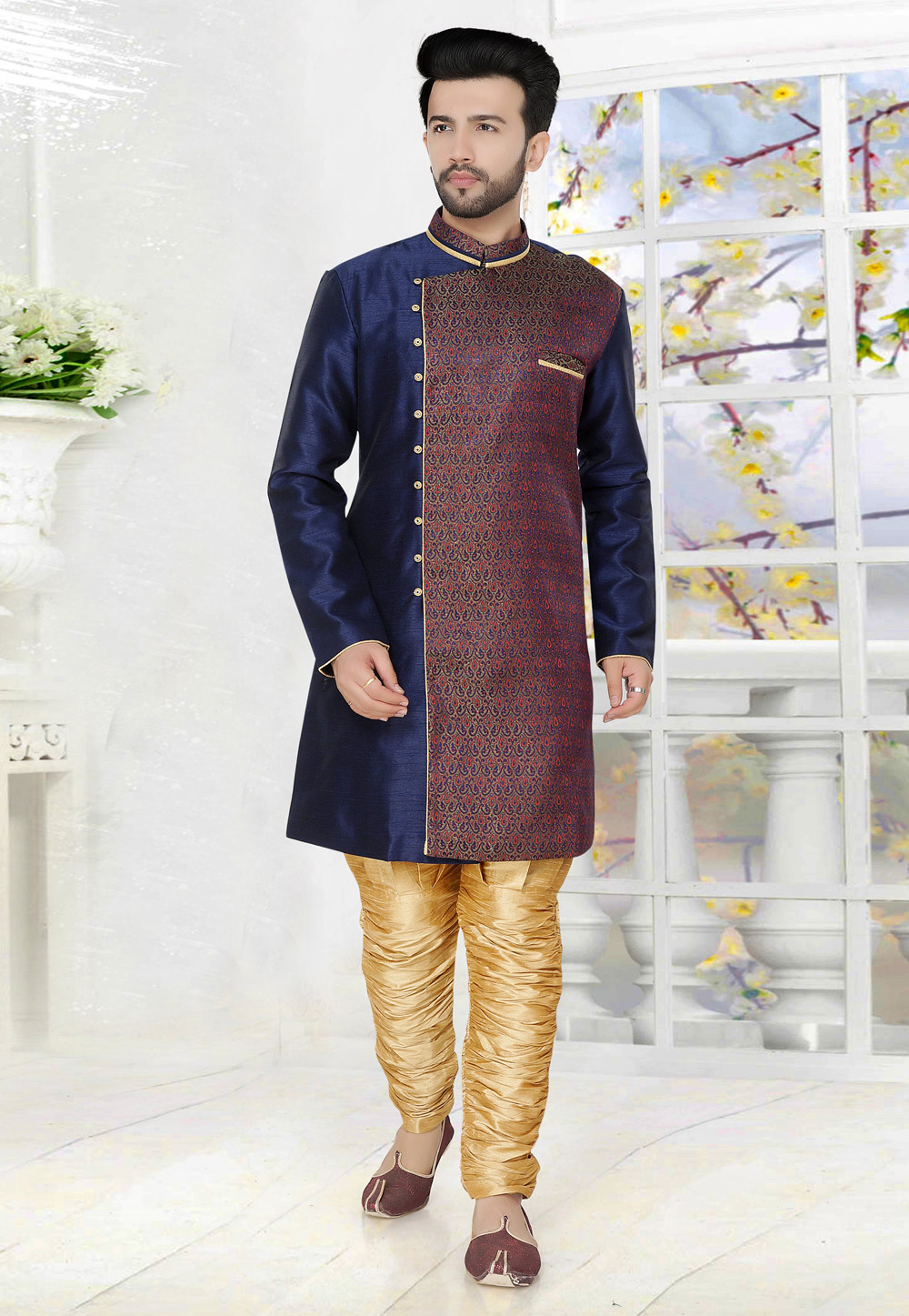 Navy Blue Silk Readymade Indo Western Suit 165748