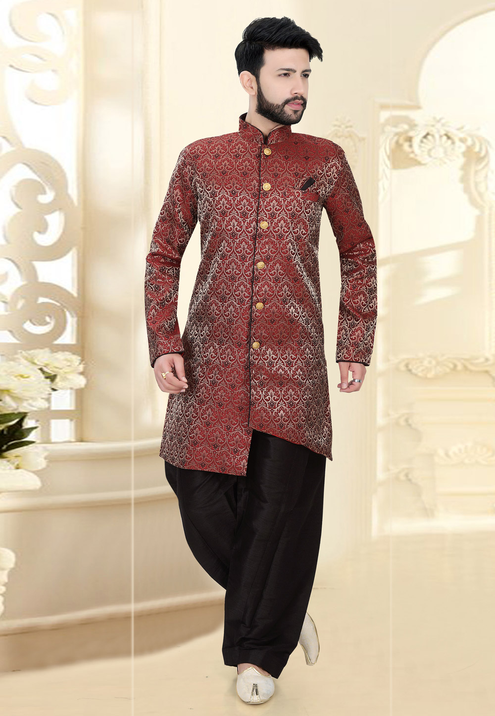 Maroon Brocade Readymade Indo Western Suit 185185