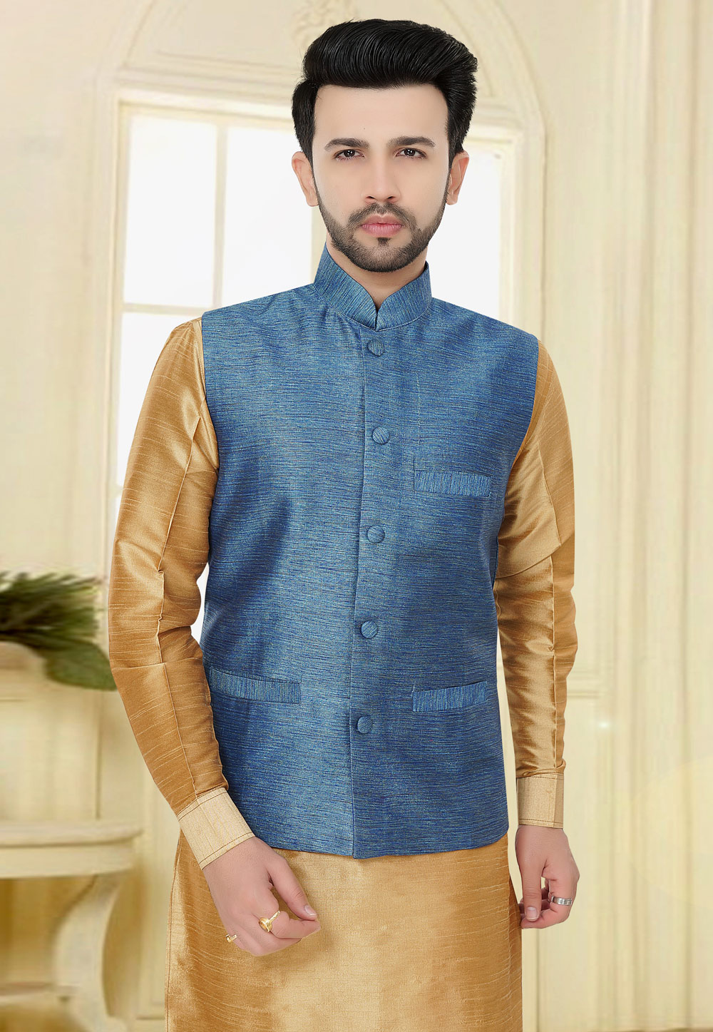 Blue Jacquard Readymade Nehru Jacket 160611