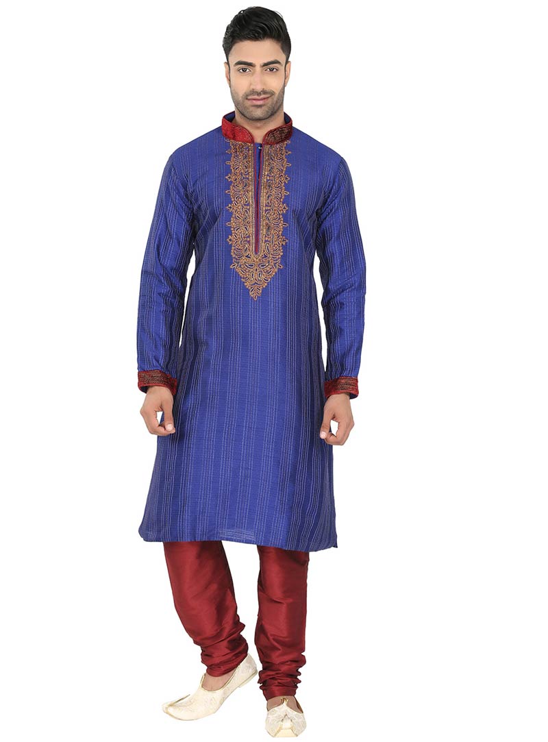 Blue Jacquard Readymade Kurta With Churidar 61789