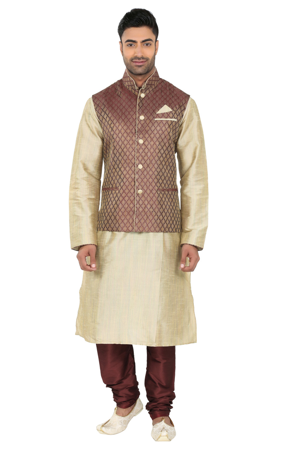 Cream Poly Silk Readymade Kurta Comes With Jacket 61793