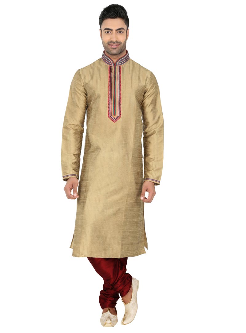 Cream Art Silk Readymade Kurta With Churidar 61794