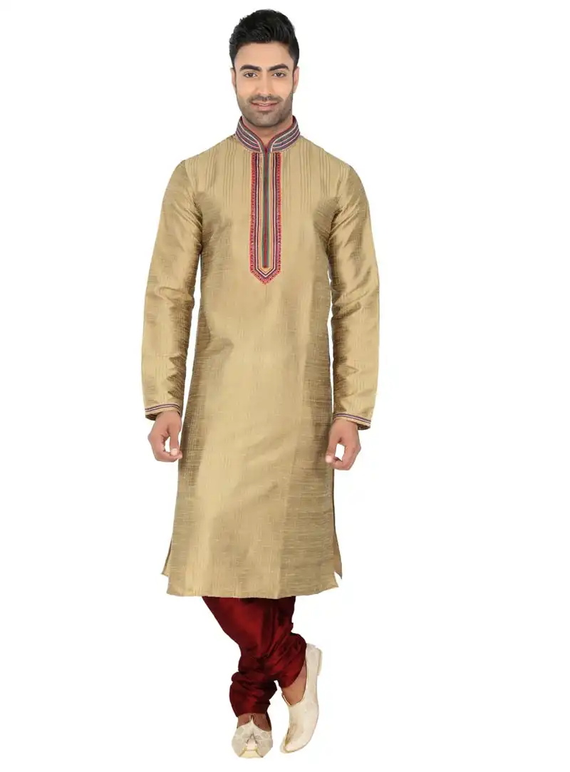 Cream Art Silk Readymade Kurta With Churidar 61794