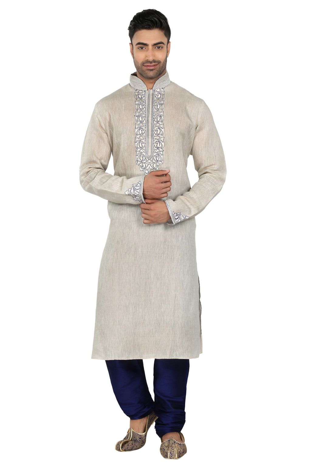 Off White Linen Readymade Kurta With Churidar 61803