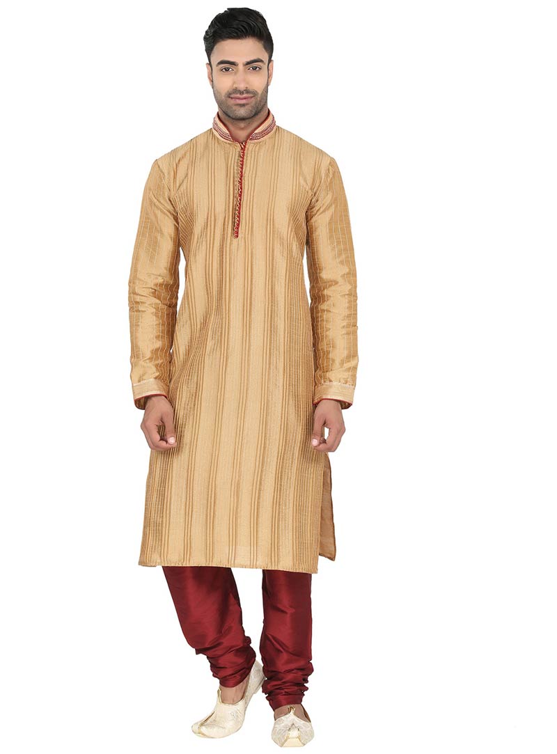 Beige Poly Silk Kurta With Churidar 61807