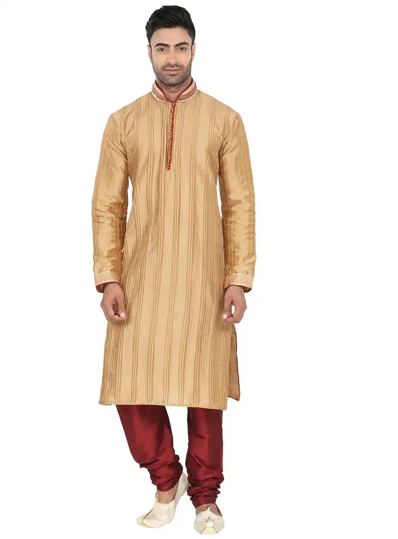 Beige Poly Silk Kurta With Churidar 61807