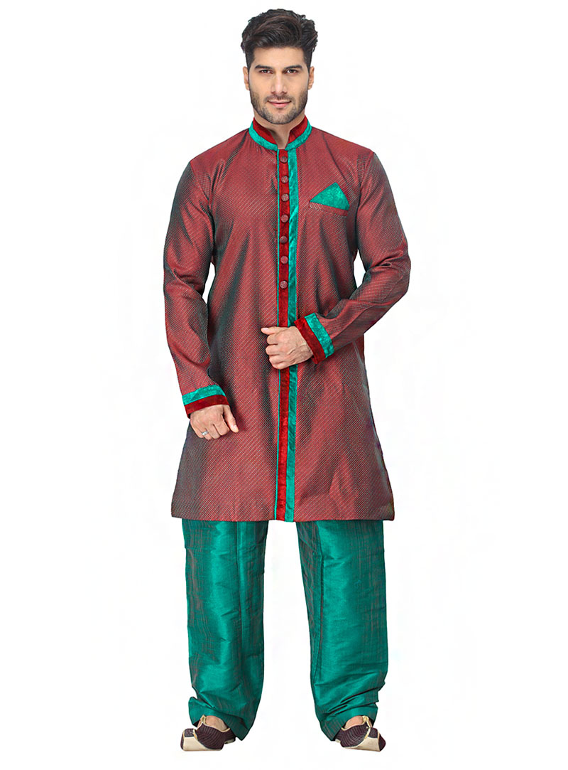 Red Tanchoi Readymade Indo Western Suit 66261