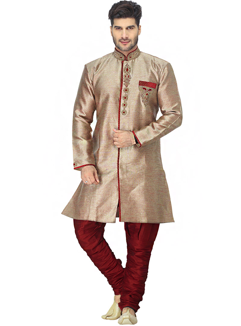Beige Jacquard Readymade Indo Western Suit 66270