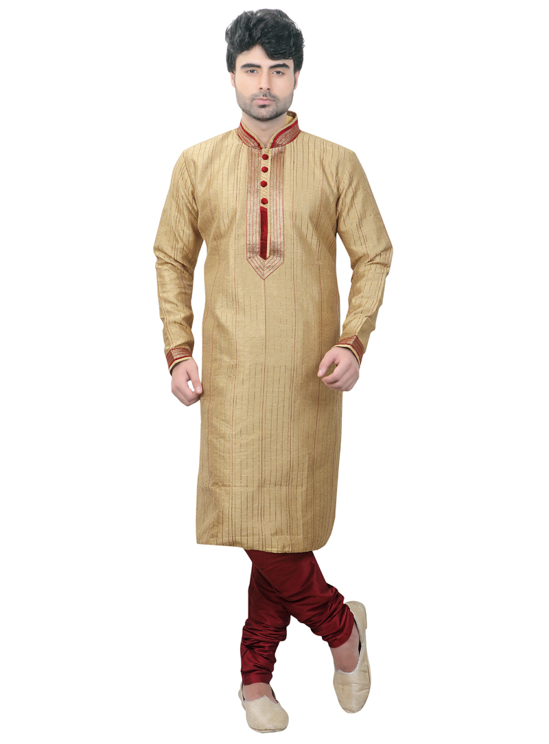 Beige Poly Silk Readymade Kurta Pajama 103002