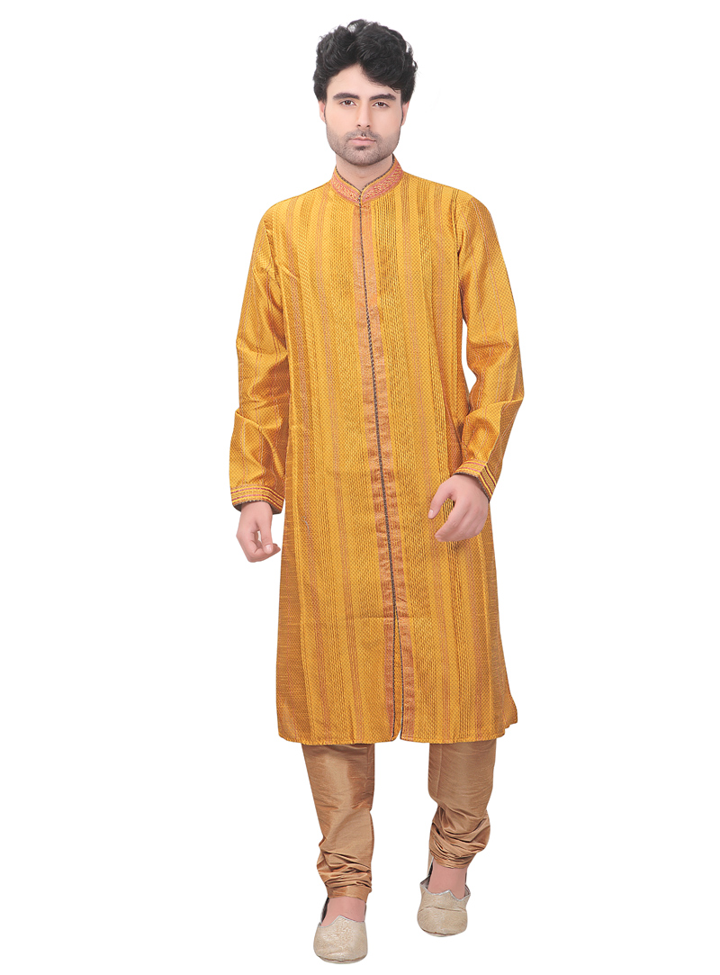 Yellow Jacquard Readymade Kurta Pajama 103008