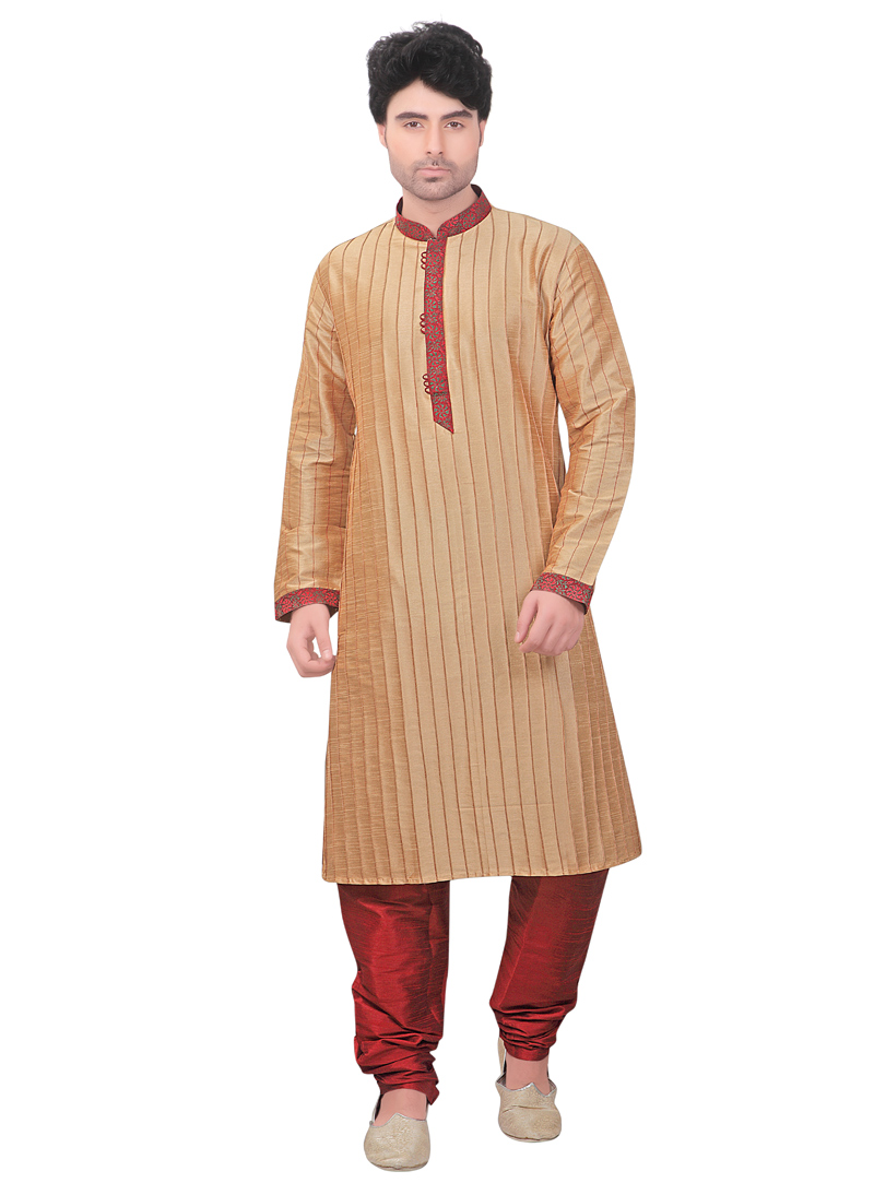 Beige Poly Silk Readymade Kurta Pajama 103009