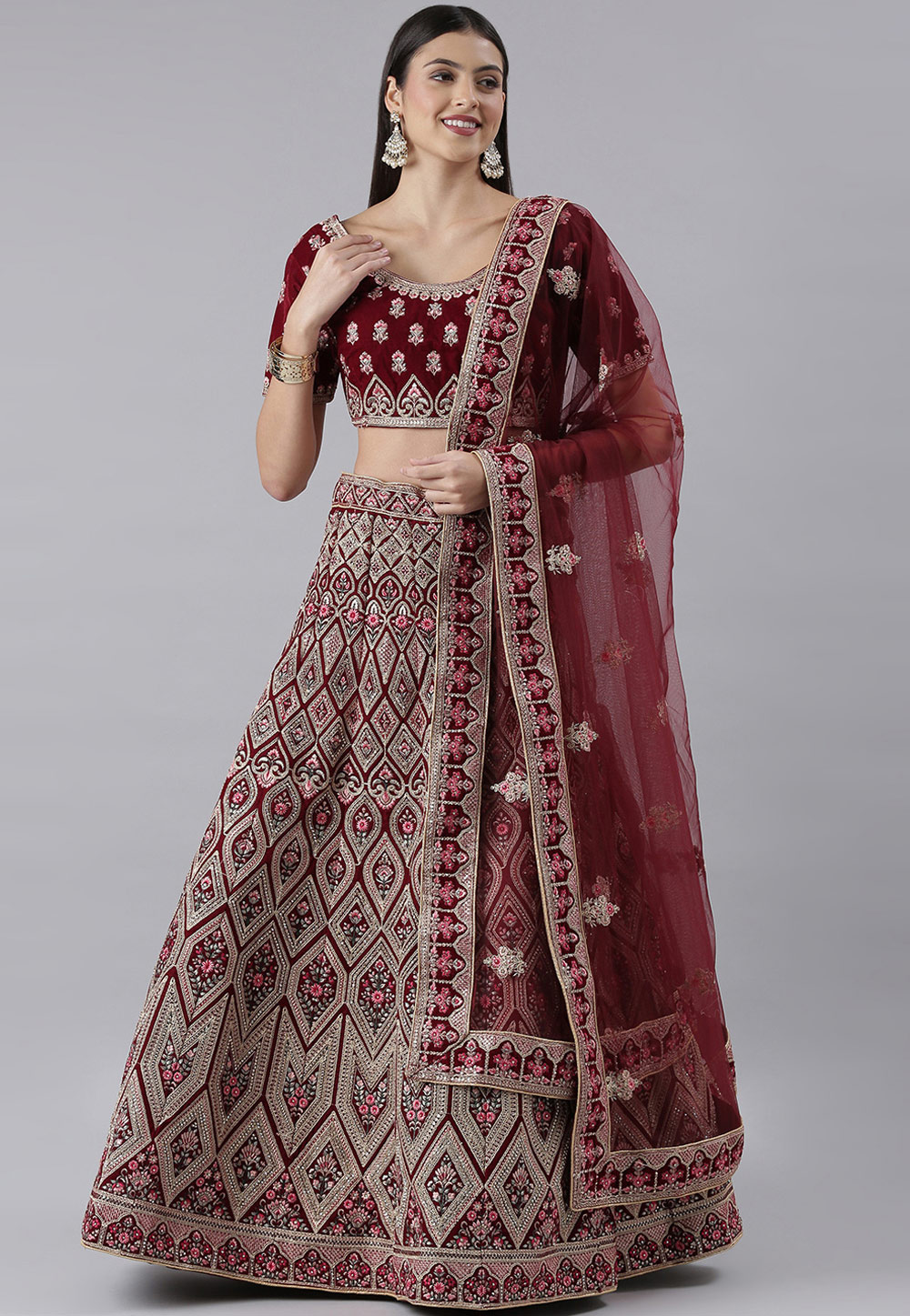 Maroon Velvet Bridal Lehenga Choli 257034