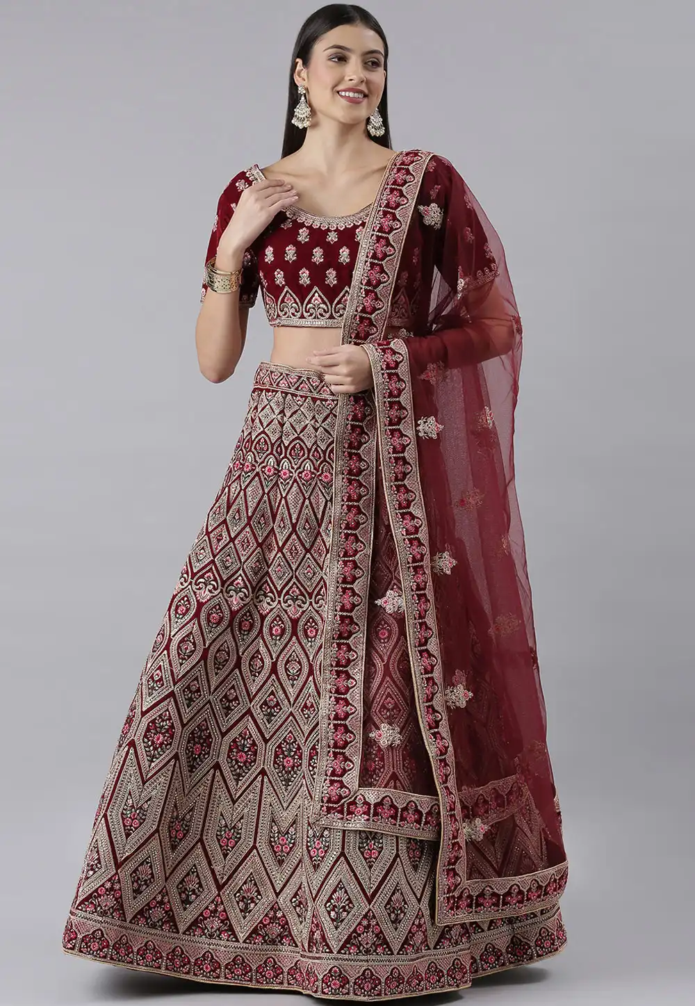 Maroon Velvet Bridal Lehenga Choli 257034