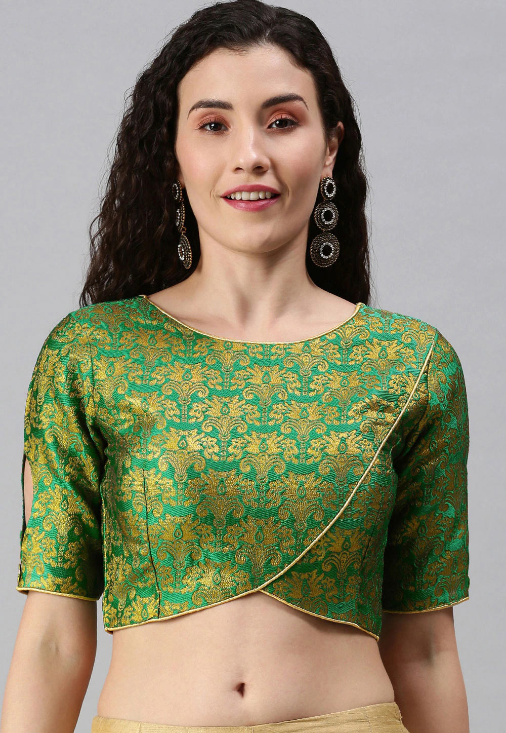 Green Jacquard Readymade Blouse 238429