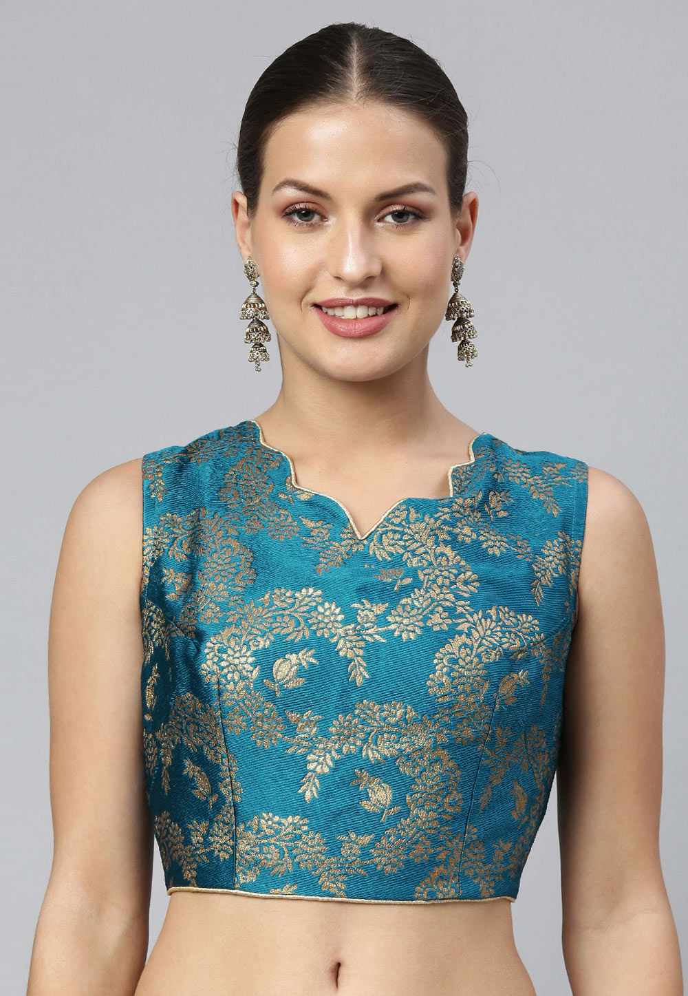 Teal Jacquard Readymade Blouse 238992