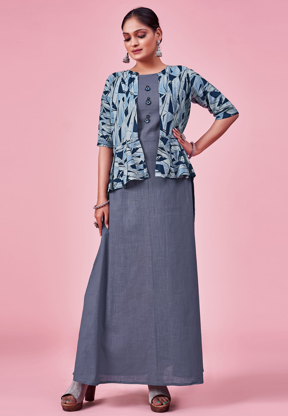 Grey Rayon Readymade Gown With Jacket 262178