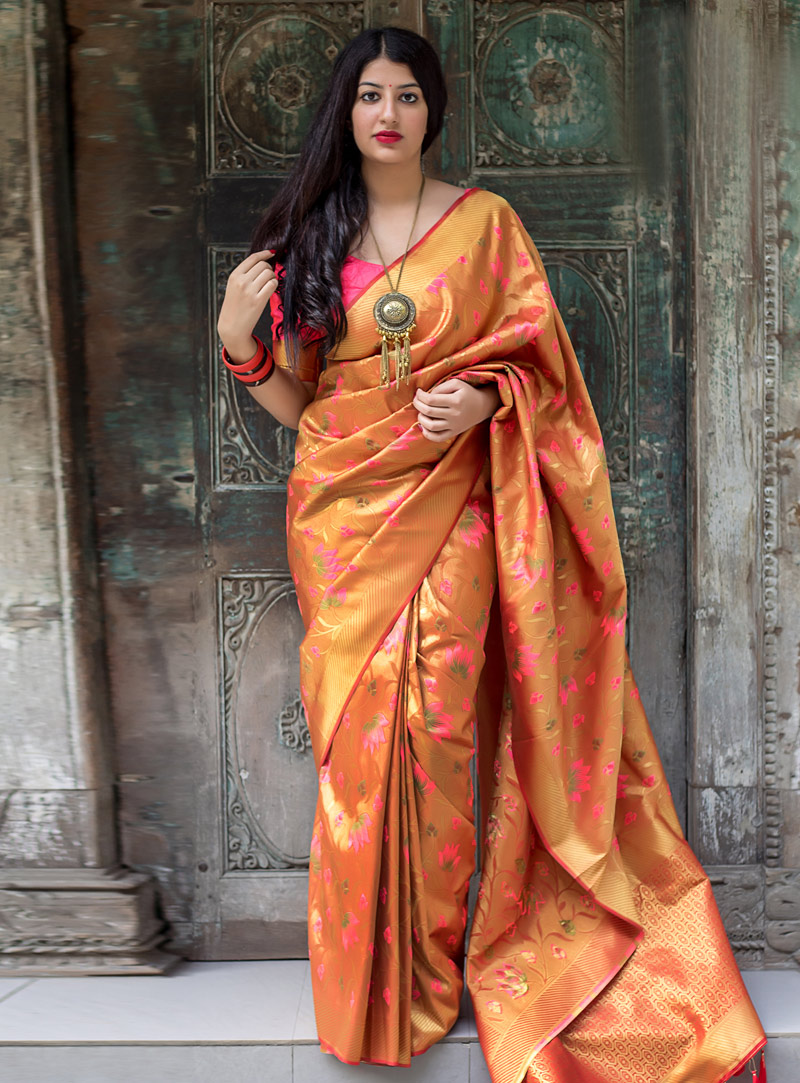 Orange Silk Festival Wear Saree 147936