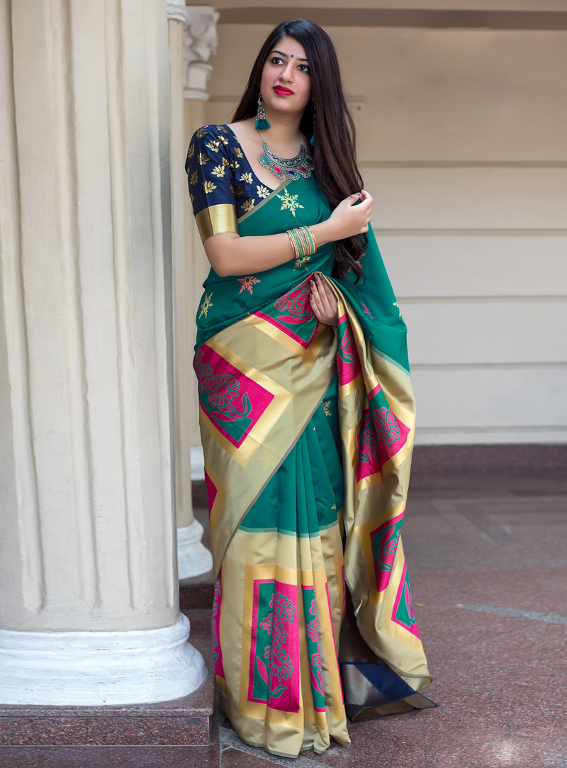 Sea Green Banarasi Silk Saree With Blouse 153495