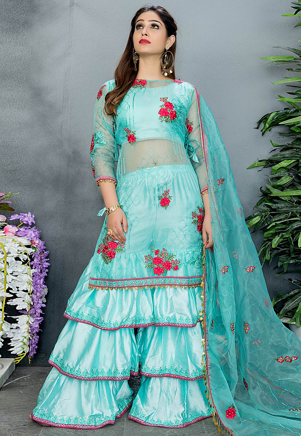 Aqua Organza Sharara Suit 196411