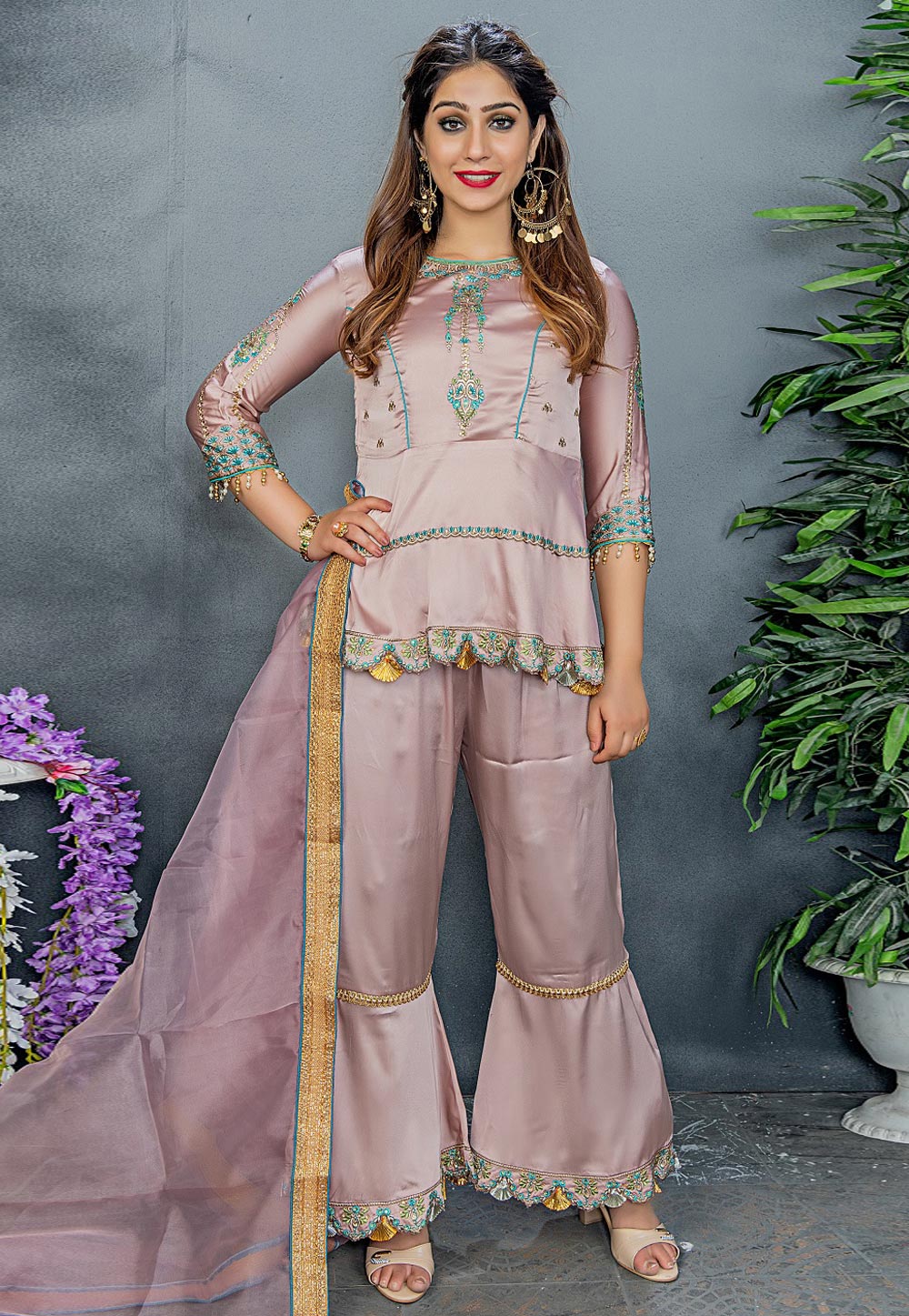 Pink Satin Palazzo Style Suit 190522