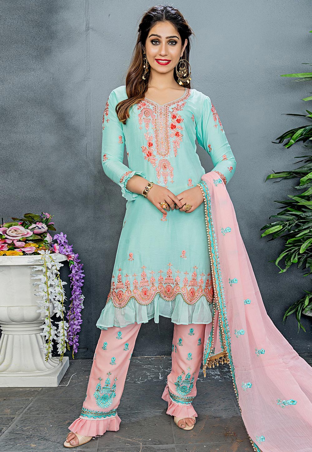 Sea Green Silk Pant Style Suit 190525