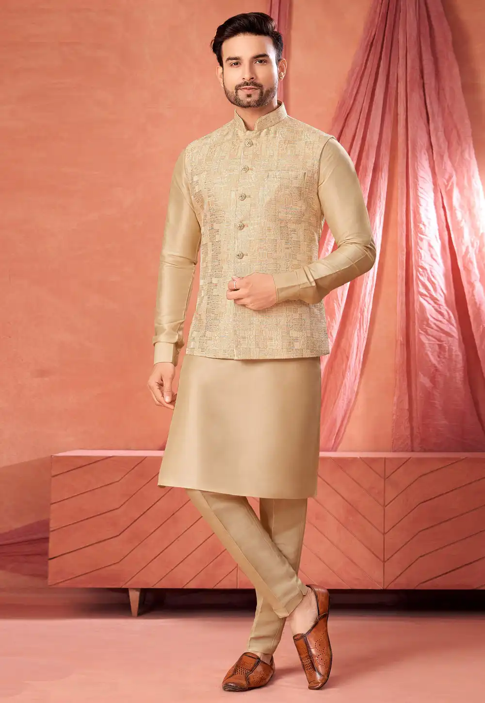 Fawn Art Silk Kurta Pajama With Jacket 322333
