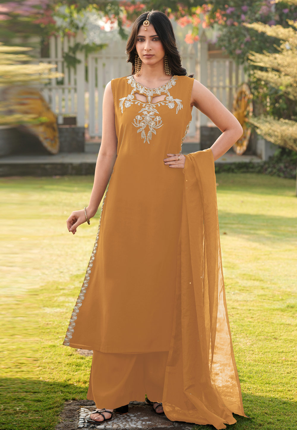 Fawn Art Silk Readymade Palazzo Suit 325074