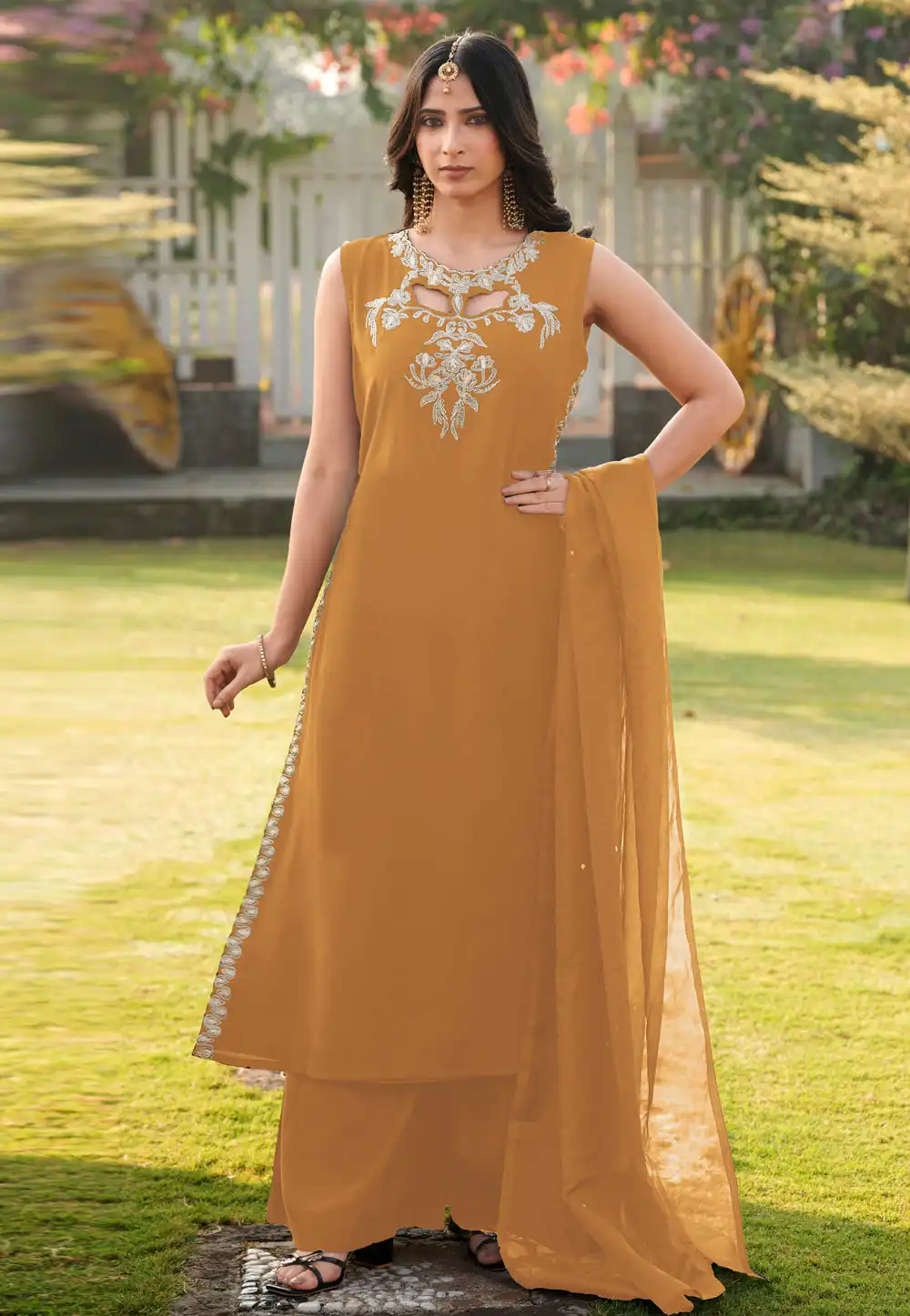 Fawn Art Silk Readymade Palazzo Suit 325074
