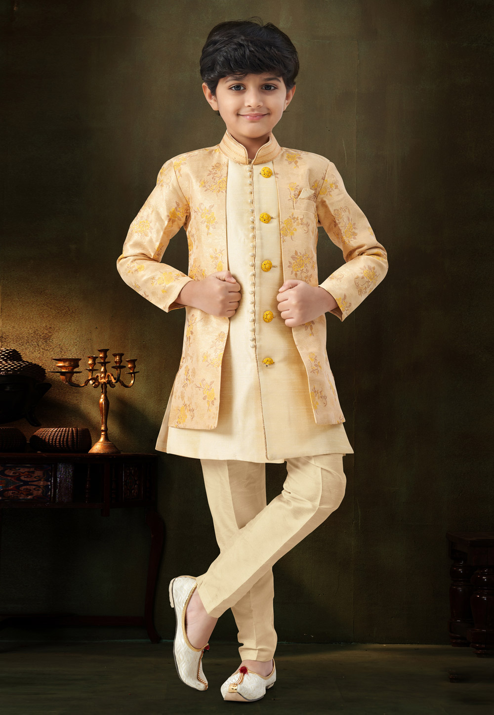 Fawn Banarasi Jacquard Kids Indo Western Suit 328718