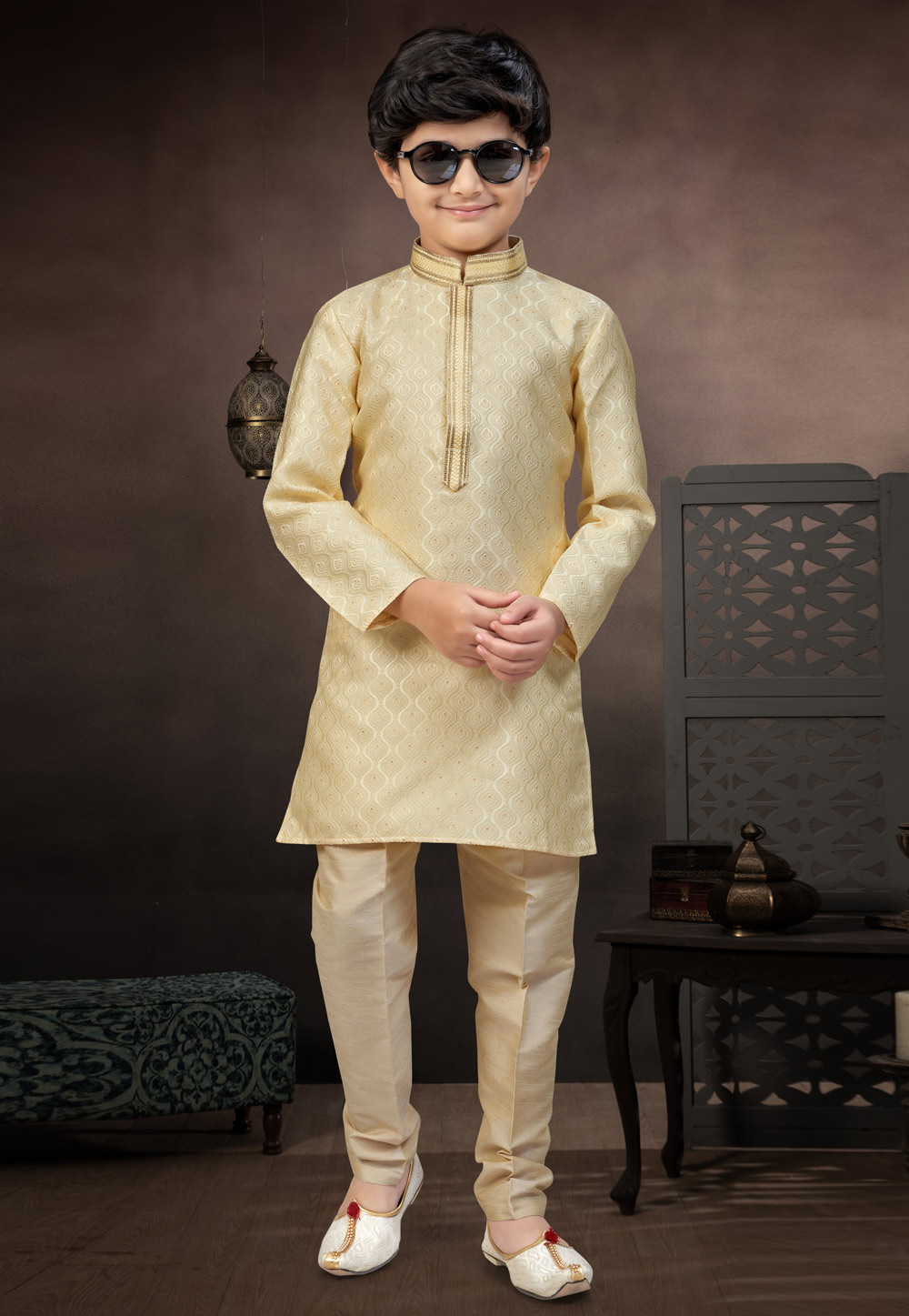 Fawn Banarasi Jacquard Kids Kurta Pajama 324293