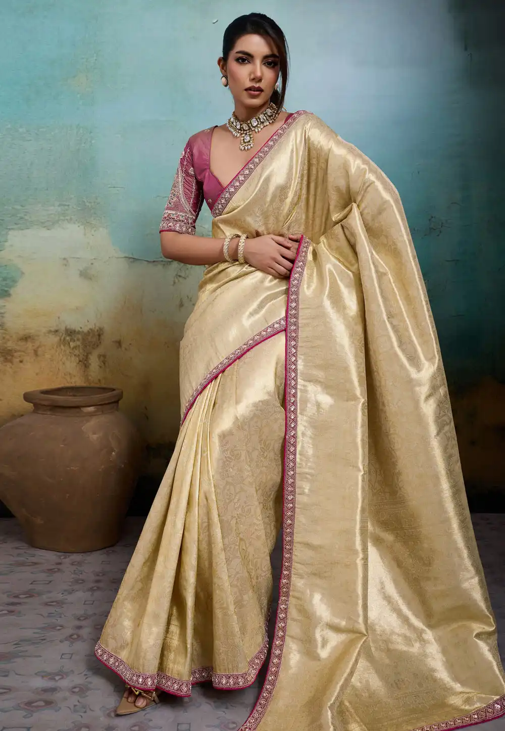 Fawn Banarasi Saree With Blouse 328063