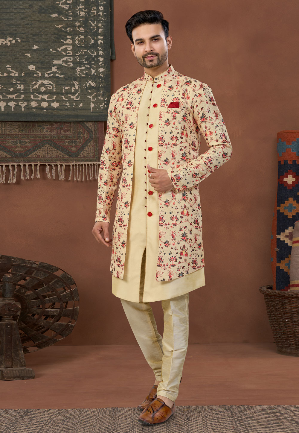 Fawn Banarasi Silk Indo Western Suit 324630