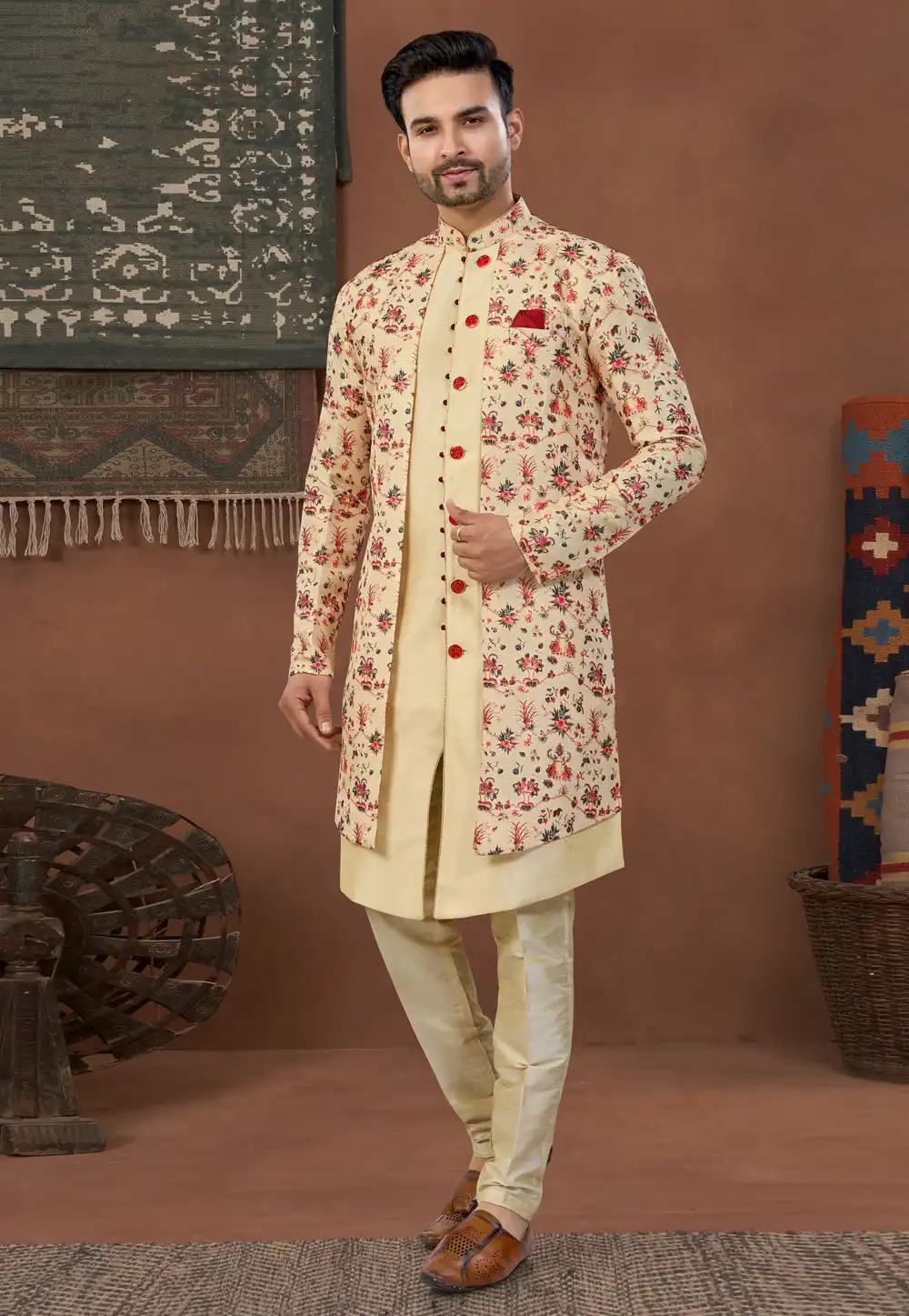 Fawn Banarasi Silk Indo Western Suit 324630
