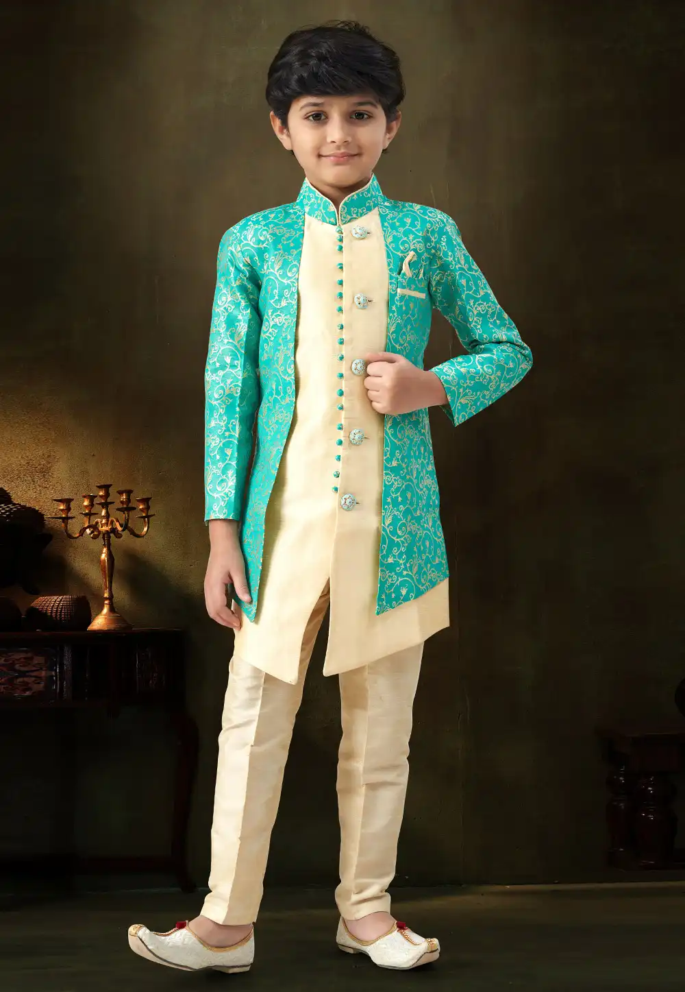 Fawn Banarasi Silk Kids Indo Western Suit 324262