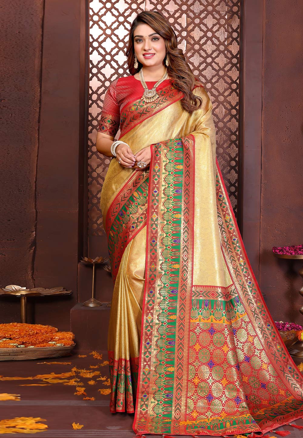 Fawn Banarasi Silk Saree With Blouse 321644