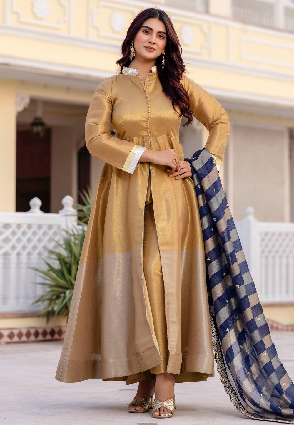 Fawn Banarasi Viscose Readymade Center Slit Anarkali Suit 324052