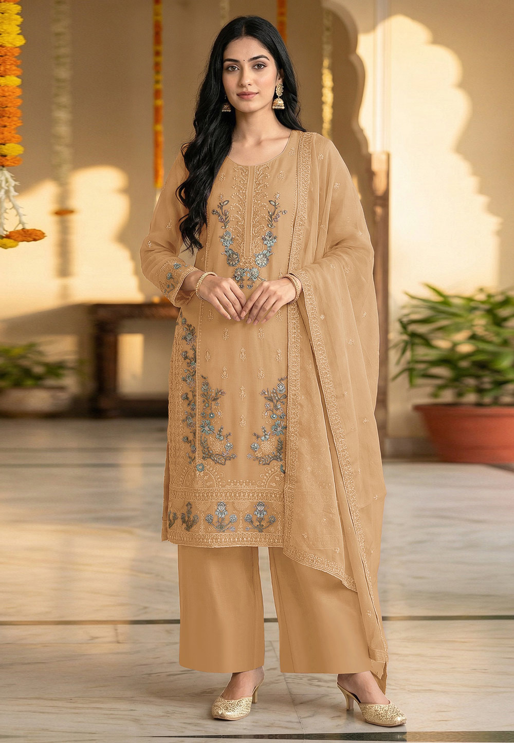 Fawn Chiffon Pakistani Suit 329679