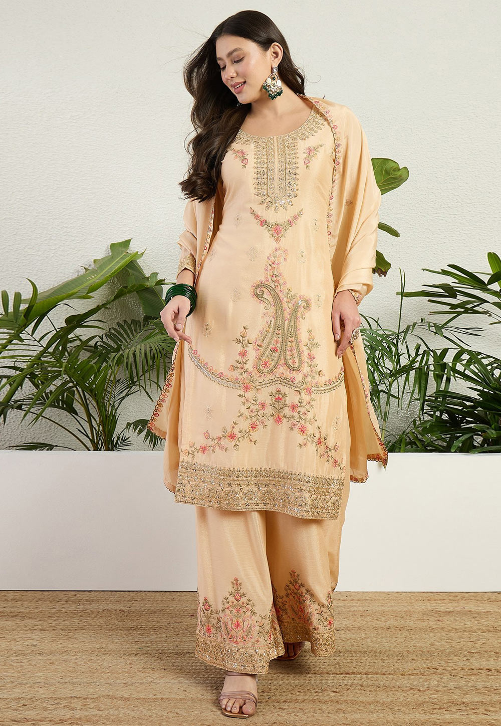 Fawn Chinon Readymade Pakistani Suit 327424