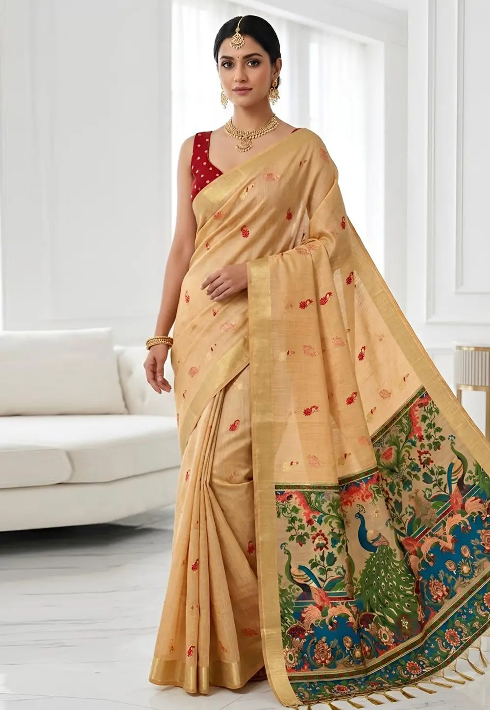 Fawn Cotton Saree With Blouse 331856