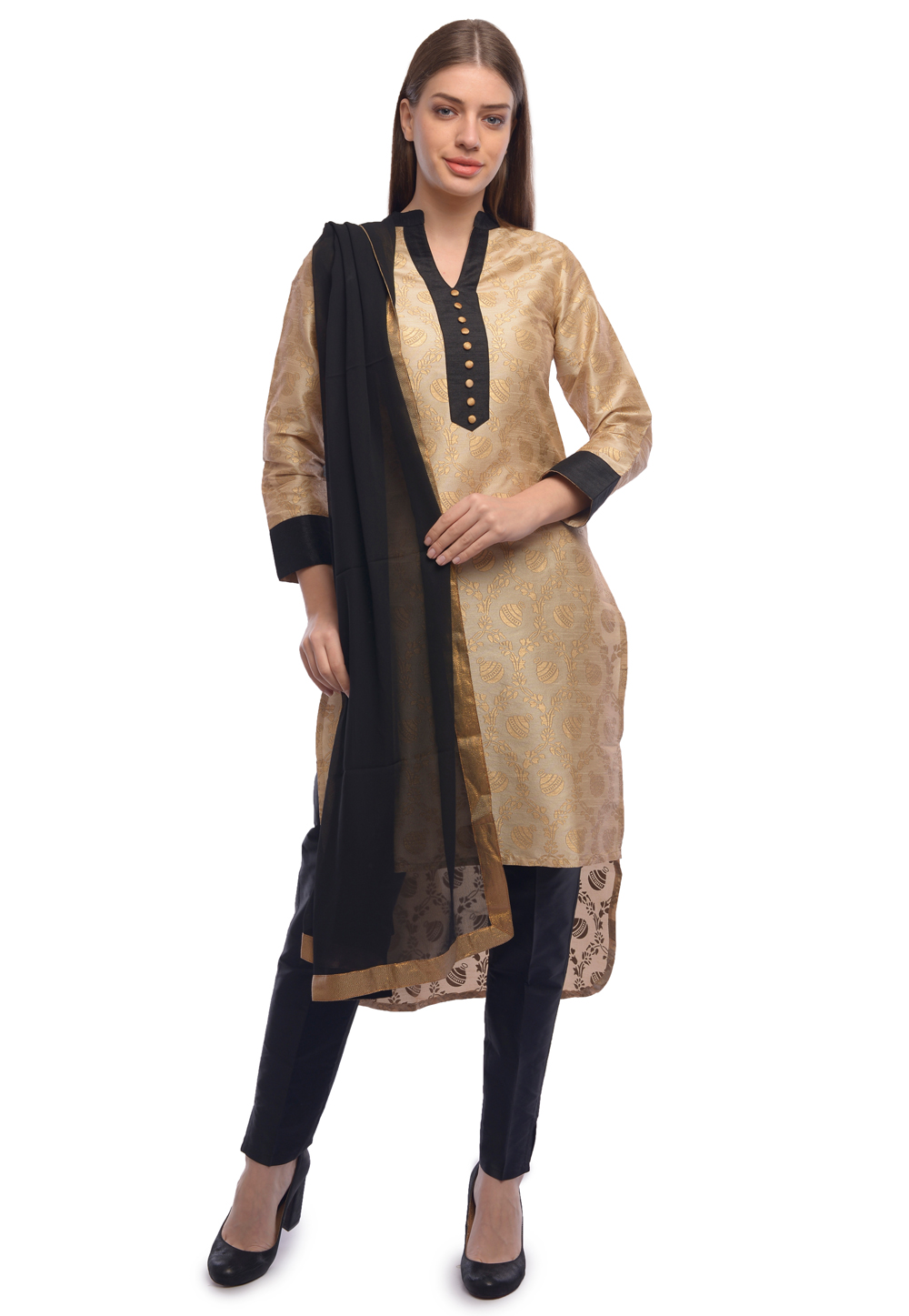 Fawn Dupion Silk Asymmetrical Salwar Kameez 322171