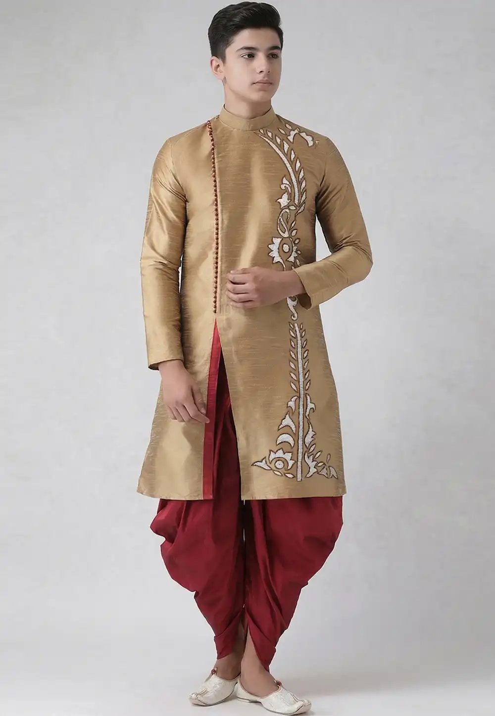 Fawn Dupion Silk Kids Dhoti Kurta 329303