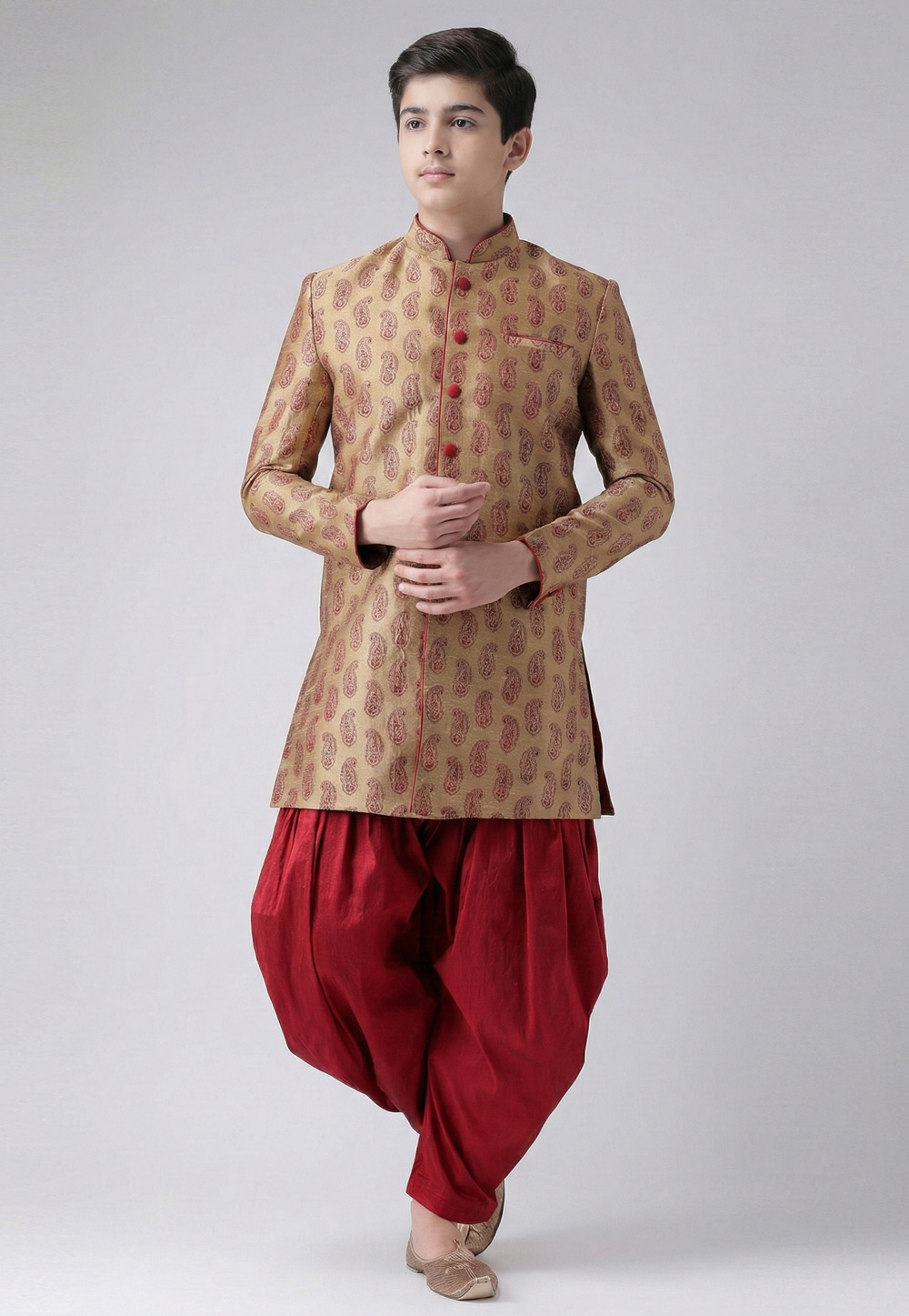 Fawn Dupion Silk Kids Indo Western Suit 325373