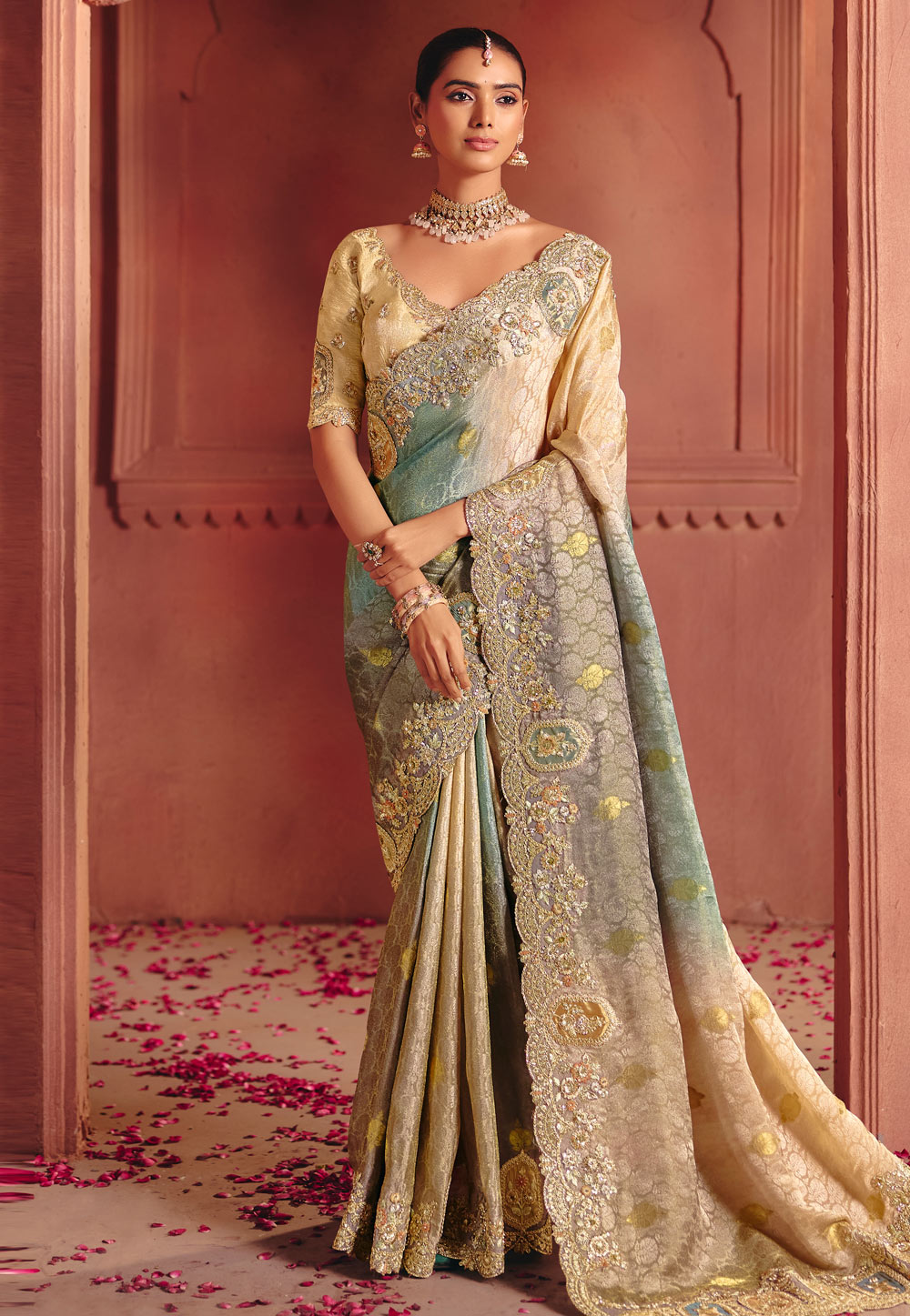 Fawn Jacquard Half N Half Saree 324674