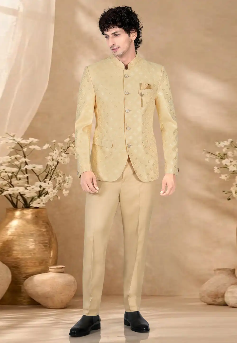 Fawn Jacquard Jodhpuri Suit 328451